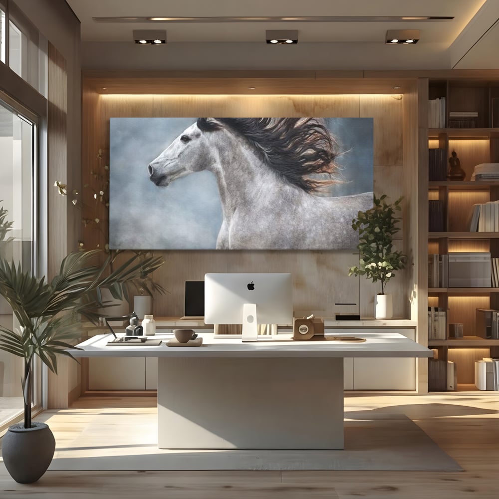 Tablou canvas cu tablou canvas cu armasar in miscare, fara rama, pe sasiu de lemn, pe perete intr-un birou